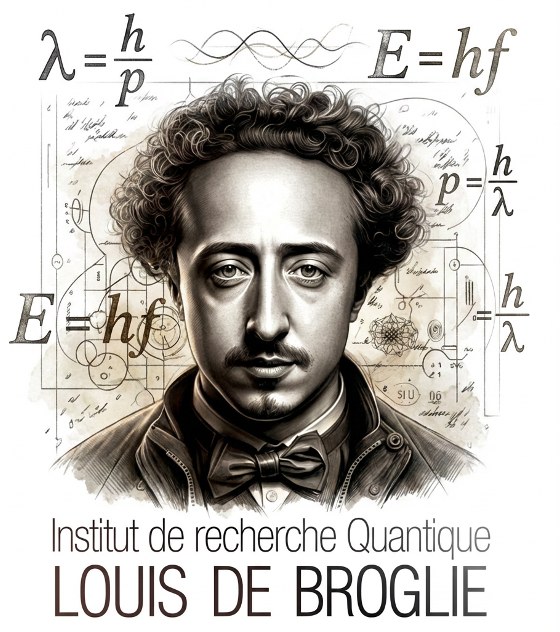 Portrait de Louis de Broglie entouré de ses équations, logo de l'Institut